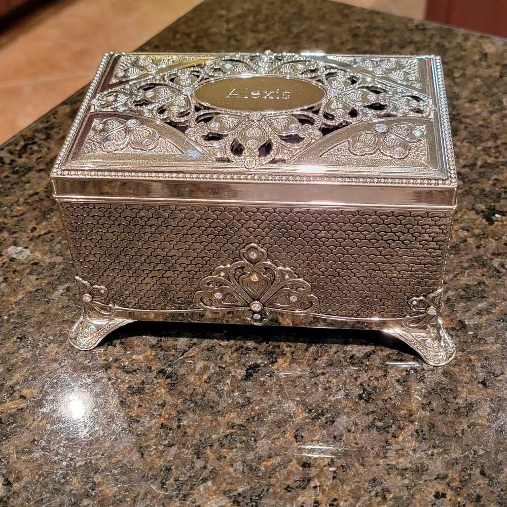 Things Remembered Silvertone Metal Music Jewelry Box Swarovski "Unforgettable"